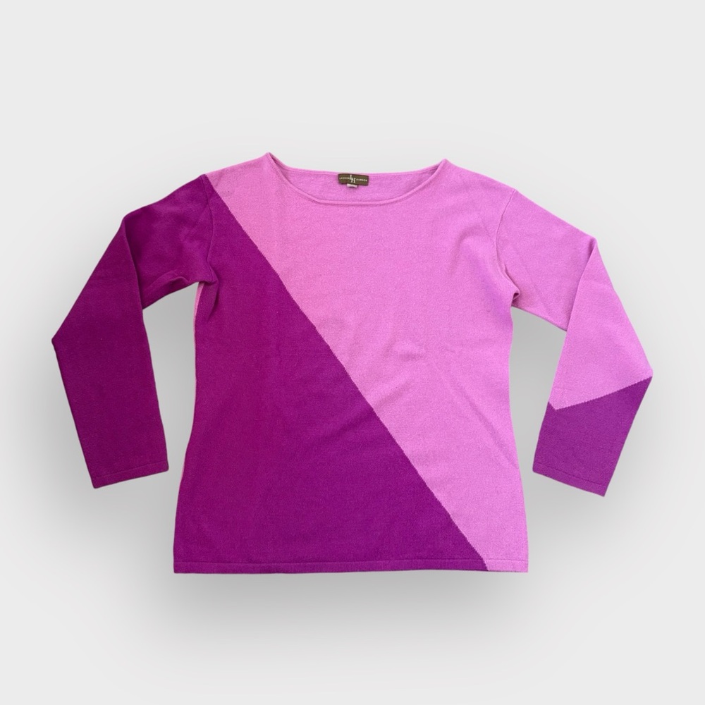 Lauren Hansen Pink Purple Colorblock Boat Neck 2-PLY Cashmere Sweater Size Large